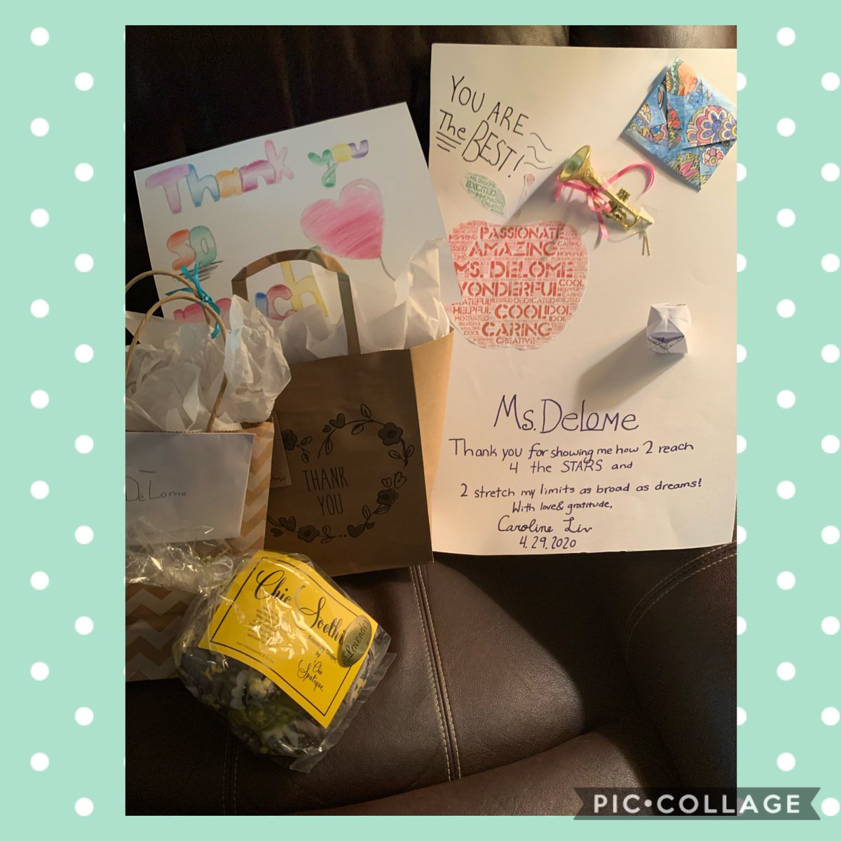 MsDeLome_5th's tweet photo. Thank you so much @cmepto for always thinking of us and taking care of us! I am so grateful & thankful for holding a drive-thru gift pick-up for #TeacherAppreciation ! Thank you to my awesome students for the notes and gifts, too! I miss y’all so much!@CME_Tigers #CME5thGrade https://t.co/zQ55RTNkOE