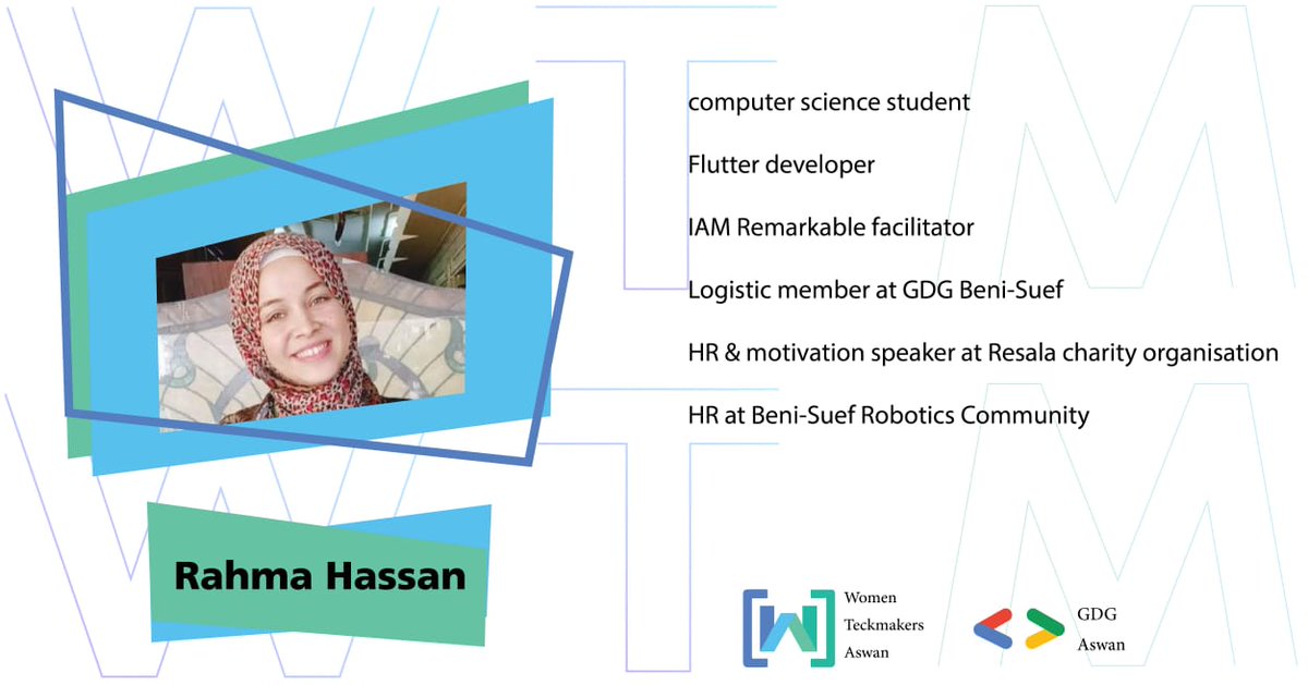 GdgAswan's tweet photo. Don't miss our session on wednesday about I AM REMARKABLE with Eng.Rahma Hassan at 4 pm on zoom
#Stay_safe
#Stay_home
#GDG_Aswan
#WTM_Aswan
#Women_Techmakers
#Iam_Remarkable https://t.co/ASV5VmFY2f