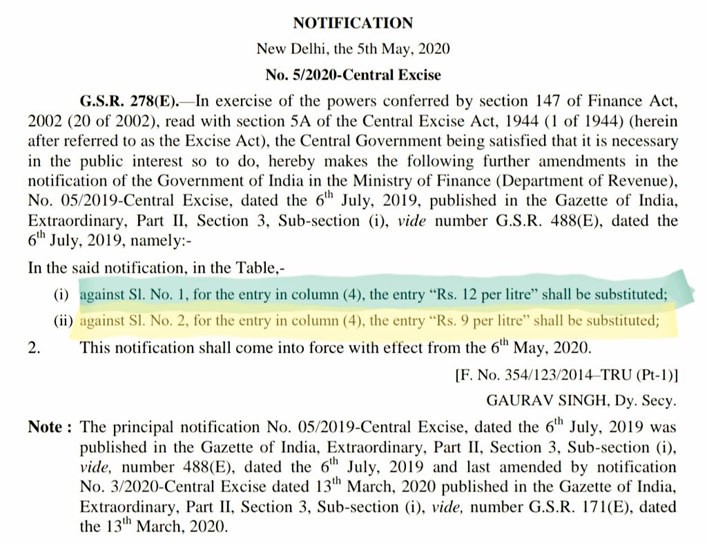 szarabi's tweet photo. Road &amp; Infra Cess, as well as Special Additional Excise Duty on petro products hiked as central govt looks to plug HUGE revenue hole. 
In total, Petrol up by Rs 10/L &amp; Diesel up by Rs 13/L. 
This after states have hiked VAT. Remember, fuels are outside GST. https://t.co/yUlqoV6cwE