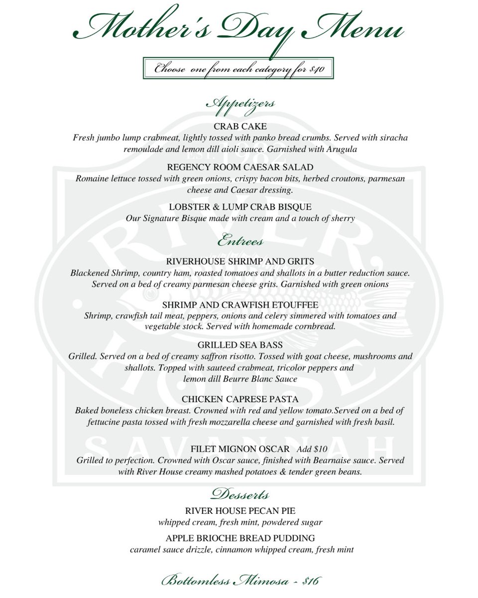 sav_riverhouse's tweet photo. Mom deserves the best this year!  Come treat her to a delicious meal &amp; bottomless mimosas this Mother's Day.  All dine- in seating will be limited and reservation only. Call 912-234-1900 or email groups@savannahriverhouse.com to make your reservation for 11, 2 or 5 pm. https://t.co/yRhUqo3ZfV