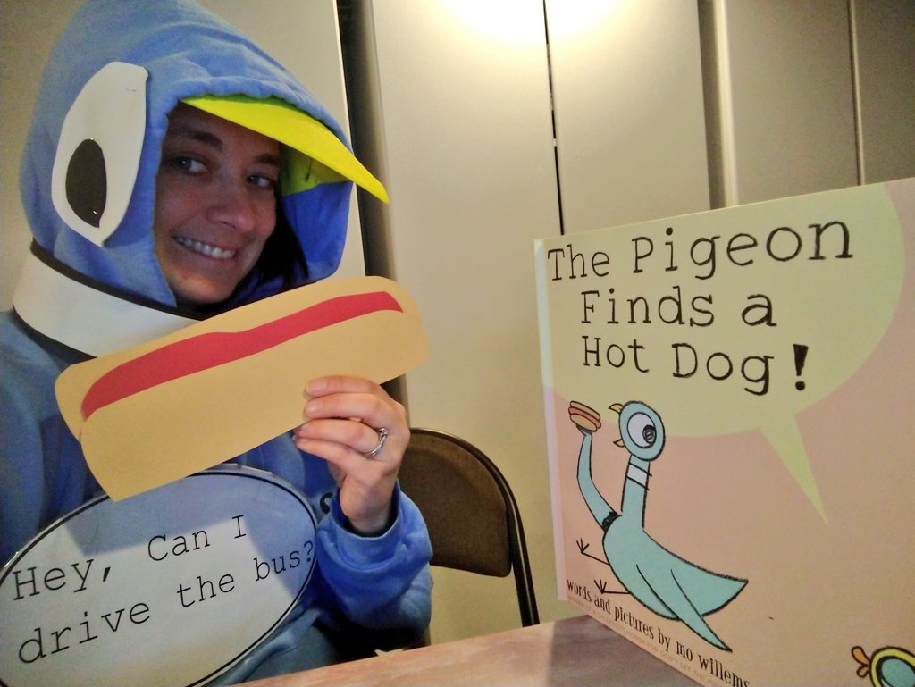 MrsZubarevLMC's tweet photo. ACT 18 storytime today! Today Mrs. Giorgino @LorraineGiorgi1 helped me read "The Pigeon Finds a Hotdog!" By Mo Willems. ๐ฆ๐ญ๐ฅ We dressed up too! ๐ #WebsterHomeLearning #WebsterWildcats https://t.co/Og0KTwYfot