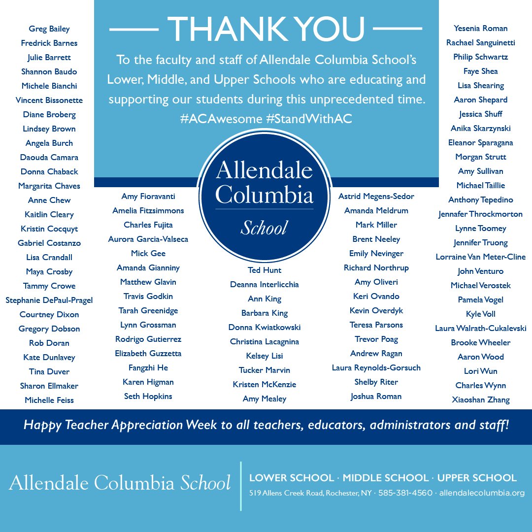 ACSRochester's tweet photo. Happy Teacher Appreciation Week! THANK YOU to our incredible faculty, staff, and administrators for the dedication, commitment, and creativity you bring to supporting, inspiring, and educating AC students and the community! #ACAwesome #StandWithAC https://t.co/jimtSEMfB4