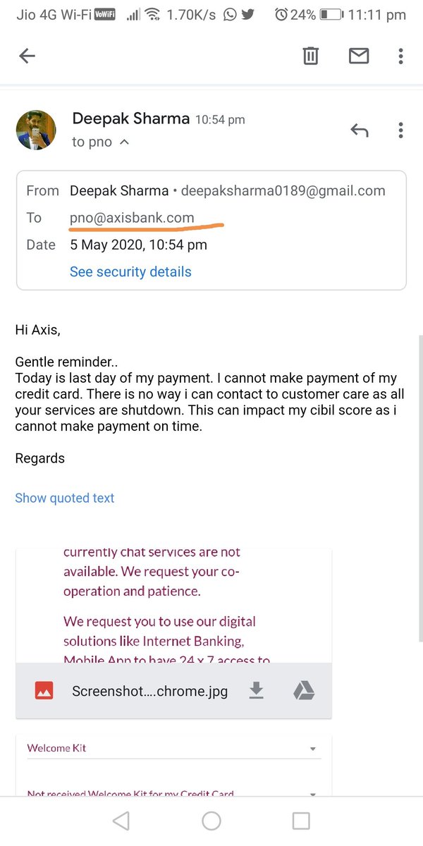 deepakshrma0189's tweet photo. @AxisBank

Hi Axis,
I applied for AXIS flipkart card which was approved 2 months back. But welcome kit  not delivered to me till now. My card statement is generated and last date of payment is 5th May. No support from cc  as well https://t.co/jaFqxoxqB9