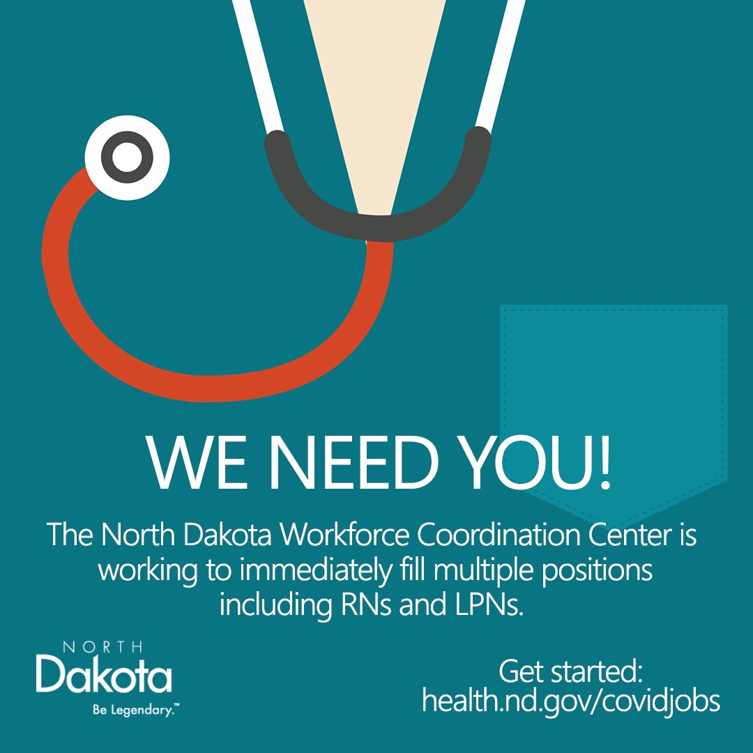 GovDougBurgum's tweet image. Health care workers are critical in the fight against COVID-19. Join a team that's protecting North Dakotans and saving lives. 

We're #InThisTogetherND. health.nd.gov/covidjobs
