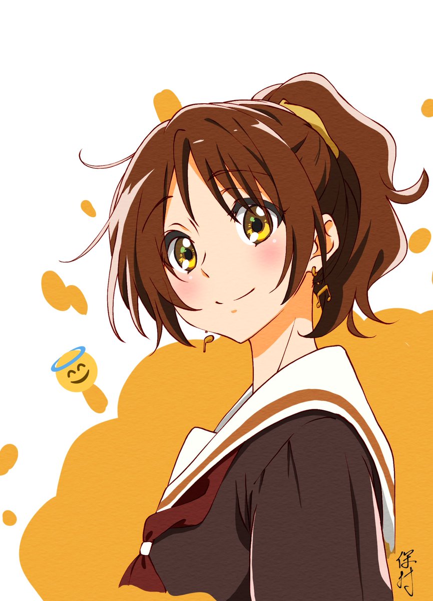 oumae kumiko 1girl brown hair school uniform solo smile sailor collar ponytail  illustration images