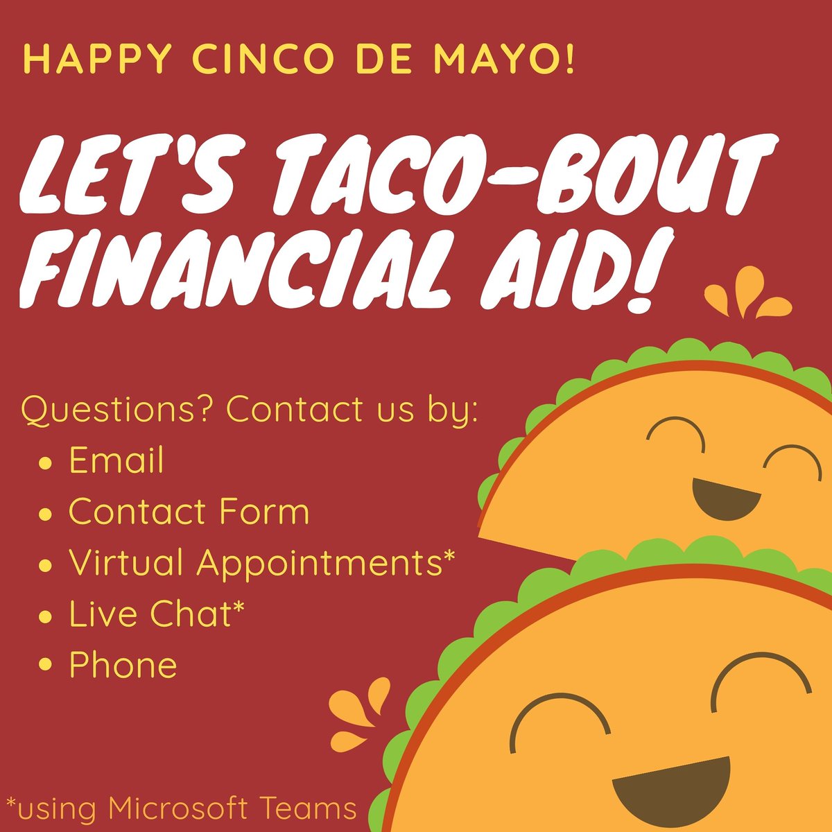 WakeTechFinAid's tweet image. Contact Us:

📧 Email: finaid@waketech.edu

🤳🏾 Virtual Appointment: EagleQ.waketech.edu

💻 Contact Form: waketech.edu/financial-aid/…

👩🏽‍💻 Live Chat: Search &apos;Financial Aid Wake Tech&apos; on Microsoft Teams

☎️ Phone: (919) 866-5410
#WakeTechFinancialAid #WakeTech