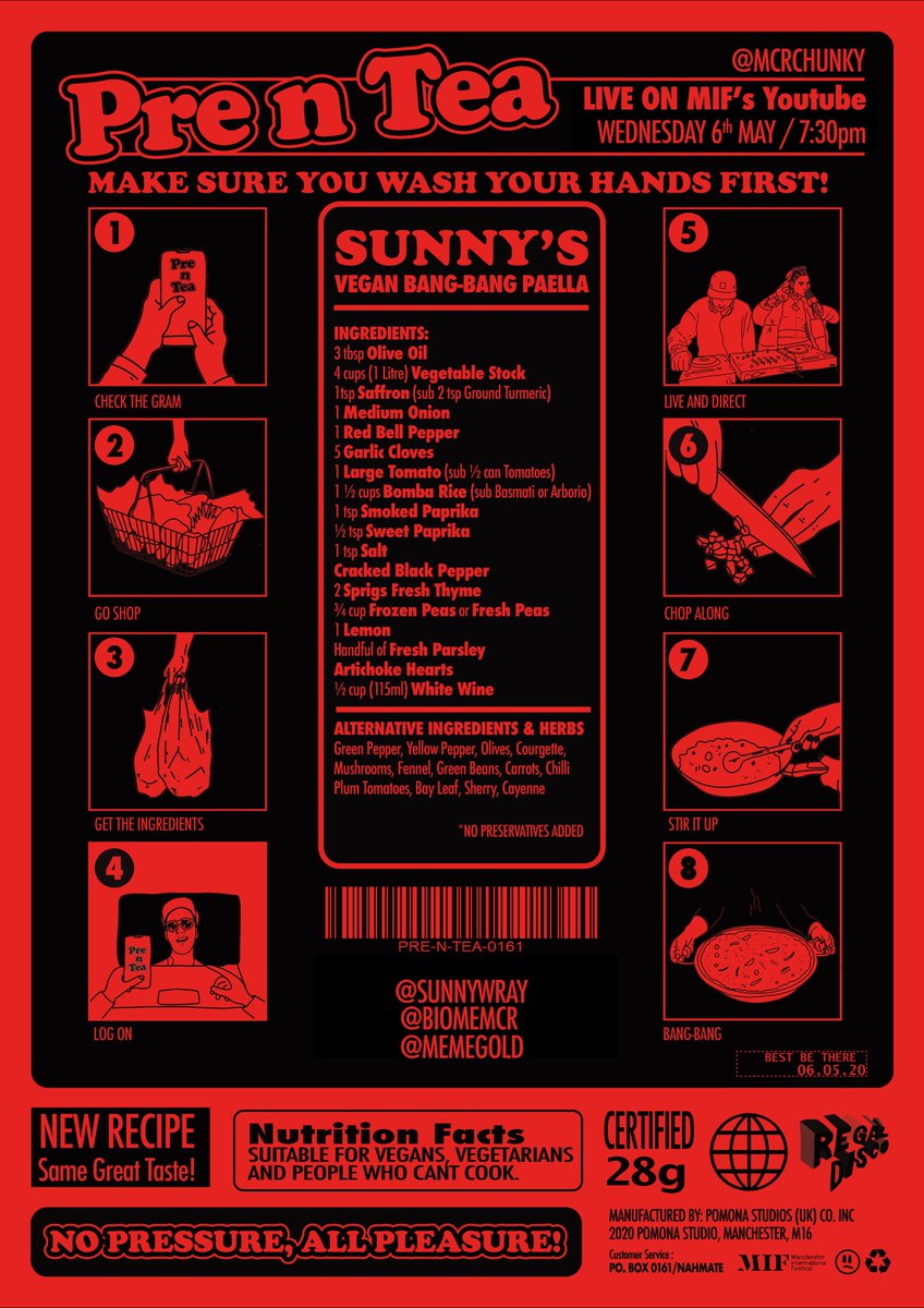 Tomorra 

Get your ingredients and tune in 
<a href="/me_megold/">Meme Gold</a> 
@BIOMEmcr 
Sunny Wray  (live from Barcelona)

Art by <a href="/Pomona_Studio/">Pomona Studio</a>