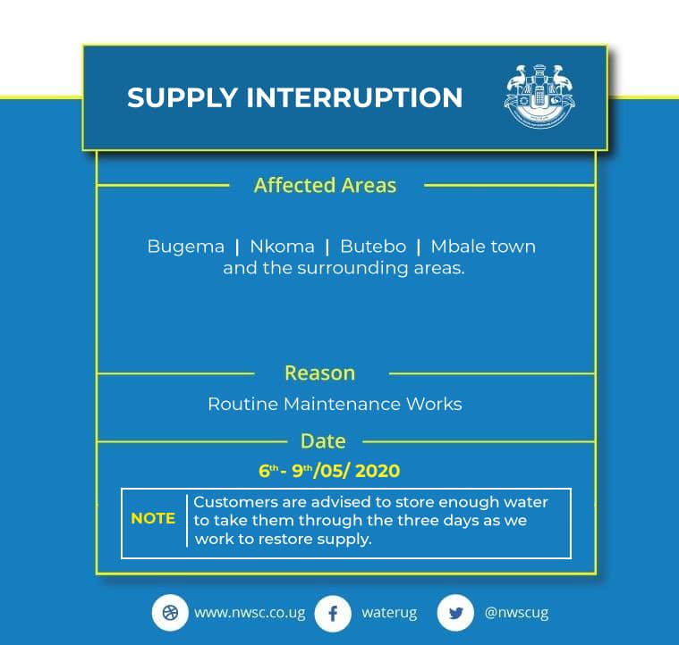 nwsc_mbale's tweet photo. Dear esteemed customers, there will be water supply interruptions from Wednesday 6th to 9th May 2020 to allow for a routine cleaning exercise of our plant, production lines, and reservoirs in a bid to improve water quality and subsequently serve you, our kings and queens, better! https://t.co/44iRRpxNKt