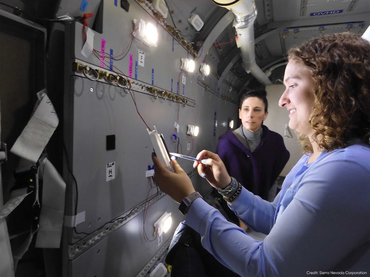 SierraNevCorp's tweet photo. Carson here! I’m taking measurements of the illumination produced by the internal lights using a light meter to facilitate communication between SNC &amp; @NASA. This area is considered a workstation &amp; must be lit well enough so a crew member can read, write &amp; perform science. https://t.co/6URqQCcjC6