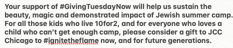 #AllTogetherNow #GivingTuesdayNow #ignitetheflame jccchicago.org/donate
