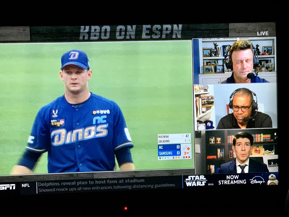 CoachLink56's tweet photo. The games may be on late, but at least baseball is starting to come back. Awesome to watch former teammate @DrewRucinski start on ESPN last night in the KBO #IndyBallers https://t.co/cpx6orHT1g