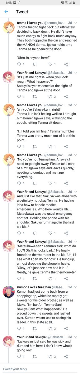 34. Skipping the setup since it's not my writing to comment on, but this is the sick Tenma thread- thank you so much for joining in, Kumod! - I realized after we started that I had no idea what to do