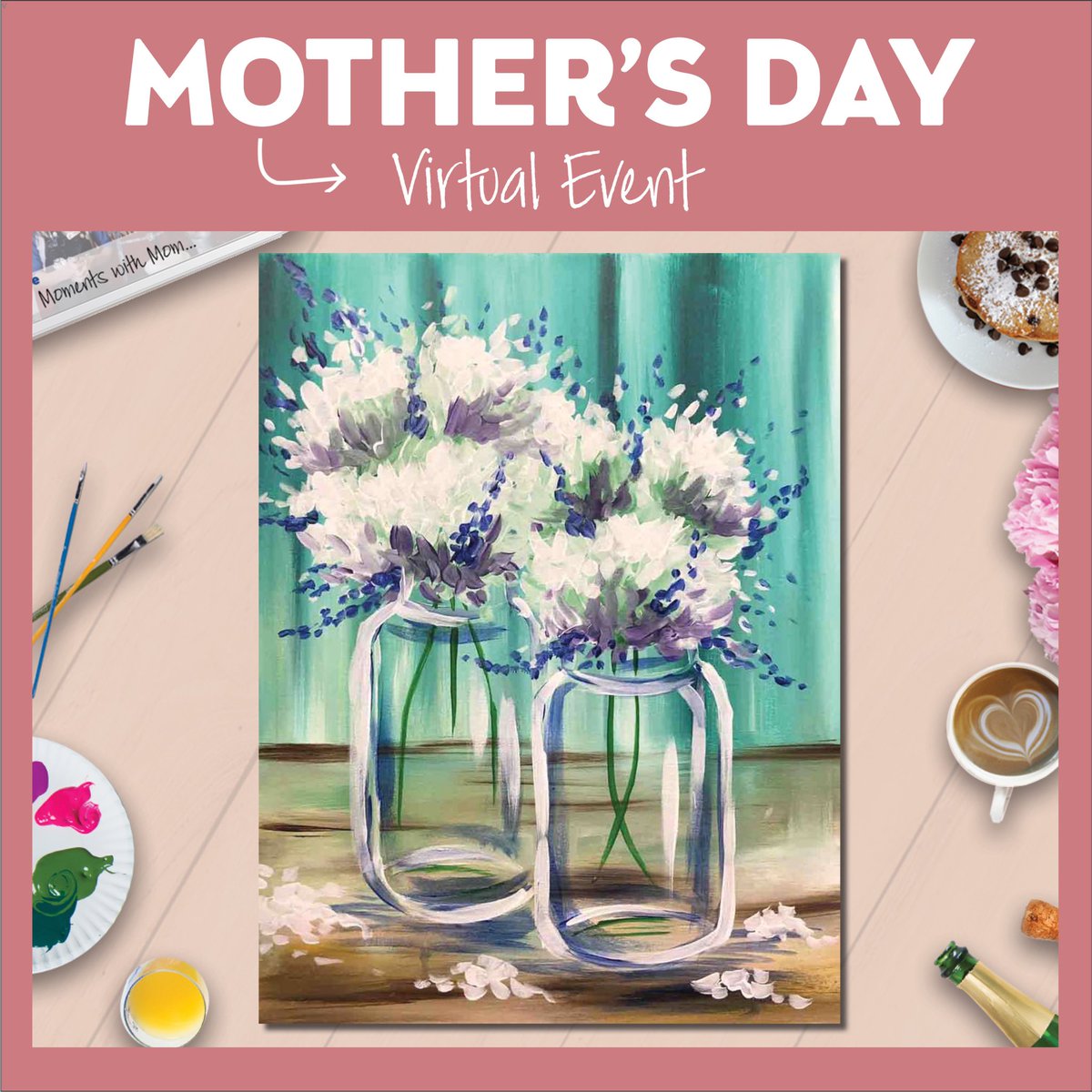 PinotsApex's tweet image. These Pretty Petals in glass jars are a perfect little pick me up! This is a LIVE virtual painting class on Mother’s Day. Painting with her even if you are far away from each other, this could be a great gift. Details at bit.ly/2W5LRW9.