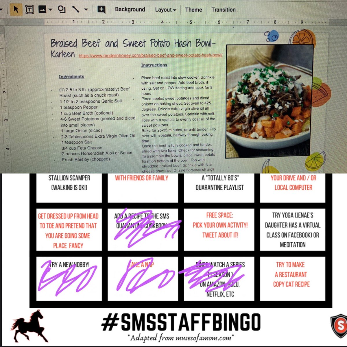 I cannot cook for the life of me, but I became brave during this time and tried out a new recipe. It is...DELICIOUS. If I can do it, you all can too! Check out the SMS Cookbook. 👩‍🍳 #smsstaffbingo