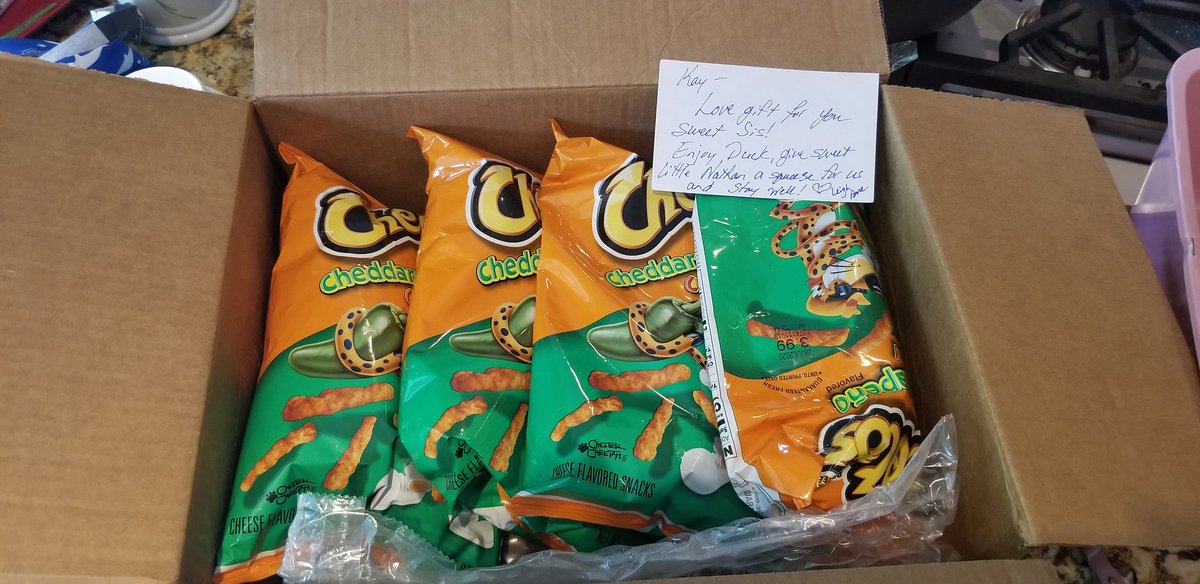 kwhit58's tweet photo. Delightful "love" gift arrived. My beloved Cheddar Jalapeno Cheetos from Leigh Anne. Thanks Sis! We haven't had them in 6 weeks here. Can't wait to dig in! #IsolationSnacks https://t.co/8RdoHuBkN5