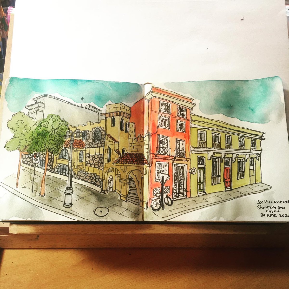 handdrawnmfa's tweet photo. I’ve been using urban sketching via Google Street View as a way of getting out of the house these days. So far, I’ve visited Pengersick Castle in Cornwall, and a neighborhood in Santiago, Chile. https://t.co/Z3mbkWOtPq
