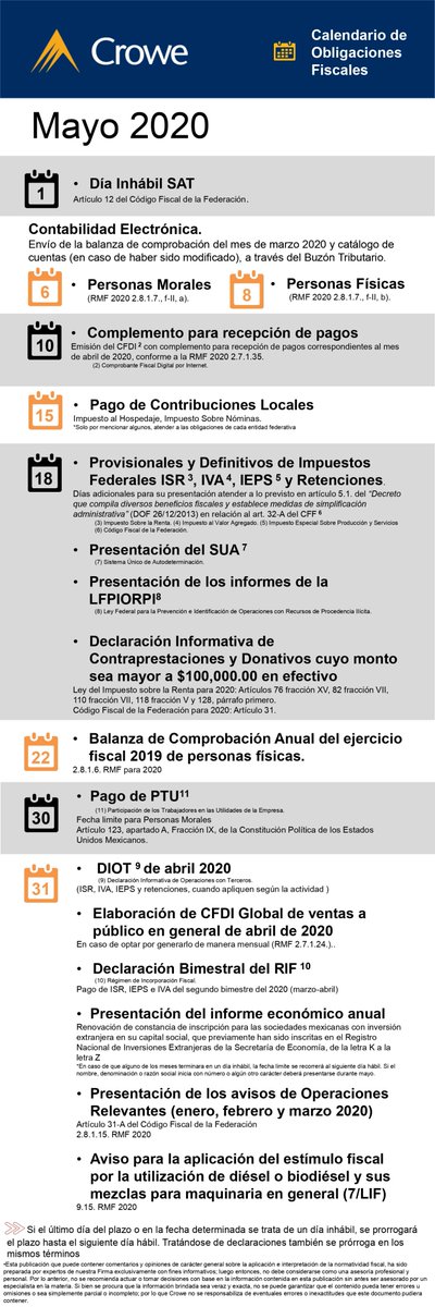 CroweFiscalMx's tweet photo. Consulta el #CalendariodeObligacionesFiscales para el mes de #Mayo2020 #WeAreCrowe #CroweMéxico https://t.co/3VvSGvYtx9