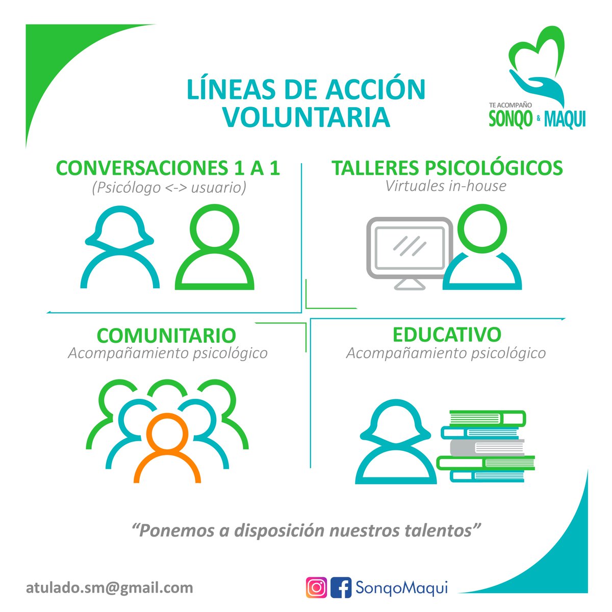 CyntiaPaytan's tweet photo. @alvarohenzler @carlagradosv @saldelsol @aldovalencia @hugonopo Hola Alvaro, comparto la labor que venimos desarrollando en https://t.co/5sFvudLYl6, brindando acompañamiento psicológico a los líderes 👩🏻‍⚕️👨🏻‍🚒👩🏻‍🏫👮🏻‍♂️👨🏻‍🏫👩🏼‍🚒👷🏽‍♂️👨🏻‍⚕️👷🏽‍♀️👮🏻‍♀️que están cuidando de nosotros, frente al #covid19. 
Estas son nuestras cuatro líneas de acción #voluntaria 
Un abrazo. https://t.co/H99d1bOilG