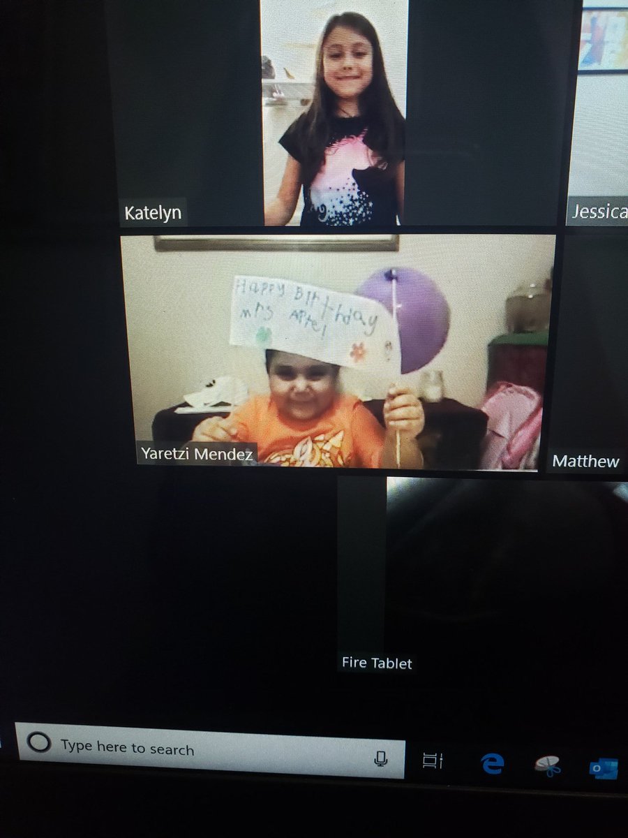 ApteJessica's tweet photo. It stinks being away from all my students for my birthday but boy, did they make me feel special over a screen today! I loved all the wonderful birthday wishes and getting to do show and tell together. I love and miss you guys sooooo so so sooo much! #kinderteacher #COVID19 https://t.co/YrY3DCr6nd