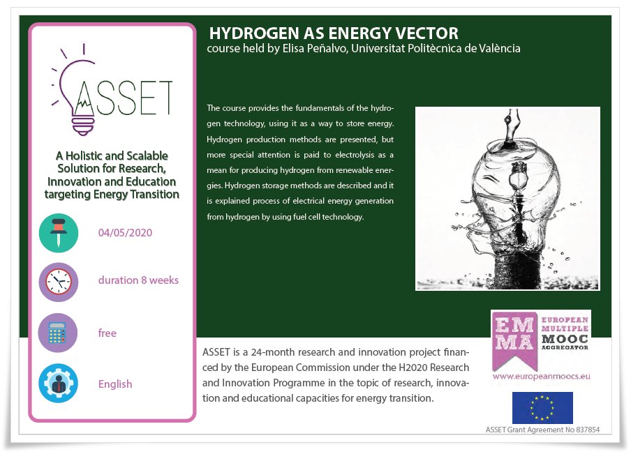 Project_Asset's tweet photo. ASSET courses just started💡

#⃣1 titled ➡️Hydrogen as Energy Vector

The course provides the fundamentals of hydrogen technology, using it as a way to store #energy.

More information here👇👇
https://t.co/XdgDzKorVn https://t.co/X862YvBKjq
