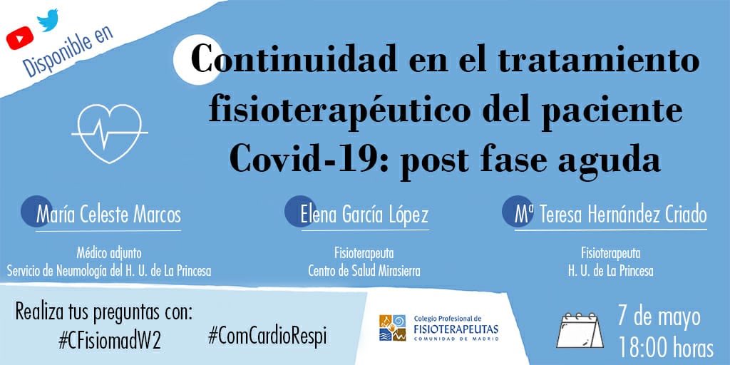 ARespiratoria's tweet photo. Próxima #webinar desde el @cfisiomad 🔝 7 de mayo a las 18:00 horas con grandes ponentes AGENDADO!! (Tus preguntas con #CFisiomadW2 y #ComCardioRespi) #COVID19 #fisio #fisioterapiarespiratoria #coronavirus #Fisioterapia #neumologia https://t.co/OoOXTIbKDb