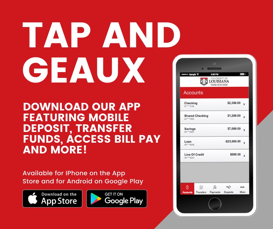 ul_fcu's tweet photo. Download our ULFCU app to conduct your banking transactions whenever and wherever you want. Check balances, transfer funds, pay loans, and even deposit checks all on the geaux! #ulfcu https://t.co/5qK3giq4h2