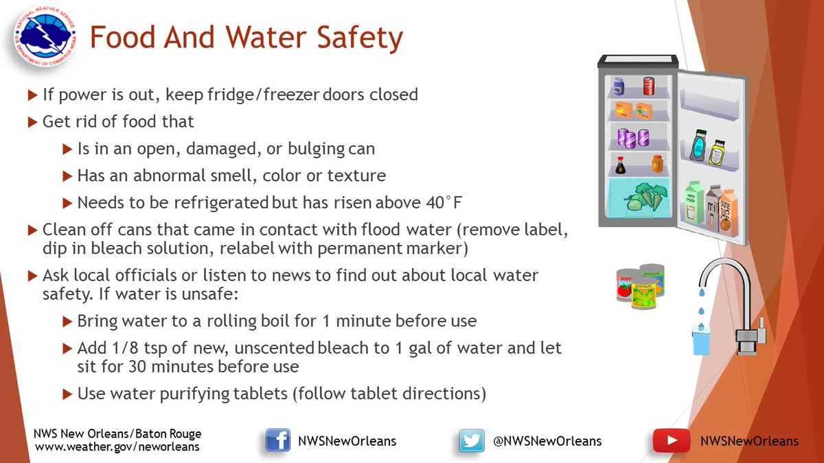 NWSNewOrleans's tweet photo. Here are some more food and water safety tips for after a hurricane.
Remember, when in doubt 🤷, throw it out 🗑️!
#HurricanePrep #lawx #mswx #MSPrepares https://t.co/n23xJoDZSa
