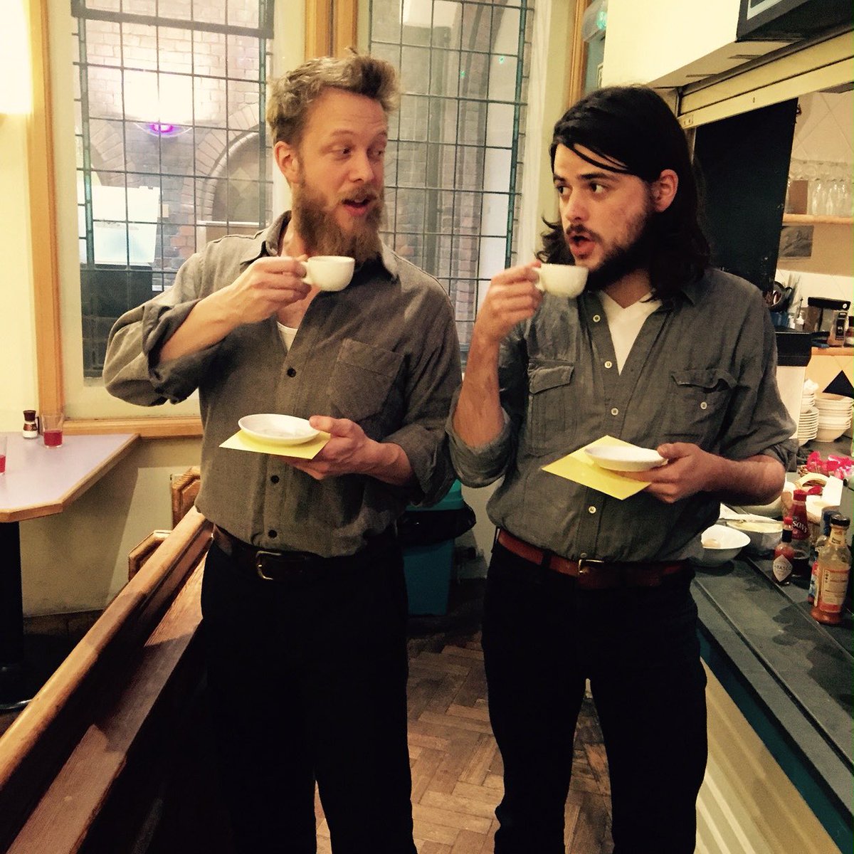 MumfordAndSons's tweet photo. Winston has inspired me since the day we met. I copy him all the time. On this day, however, he was copying me. Coffee break w/ @MrWinMarshall during a recording session for Wilder Mind in 2014 at Air Studios, London. #TedTuesdays #WilderMind https://t.co/DptUg17pJR
