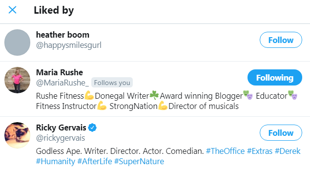 roomjunkieanne's tweet photo. @MariaRushe_&amp; @NualaGormley You are in excellent company ladies.

It looks like @rickygervais also liked my tweet. 

I had to wait until firstborn, currently under lockdown in Australia, messaged me to tell me! #nevernoticed 😱 https://t.co/m0rl0FieZE