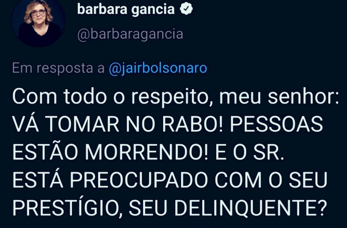 Mandar calar a boca não pode, mas está liberado chamar de “nazista, fascista, homofóbico, sexista, racista, miliciano, corno, assassino, genocida, delinquente” etc. Vejam também a elegância da bela e inteligente senhora - que ‘vende’ respeito.