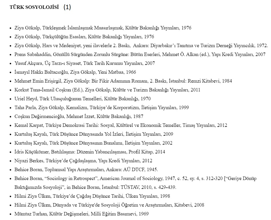  Türk Sosyolojisi Okuma Listesi:(Ayrıca bkz.  https://sosyoloji-edebiyat.istanbul.edu.tr/tr/content/sosyoloji-doktora-programi/yeterlilik-okuma-paketi)