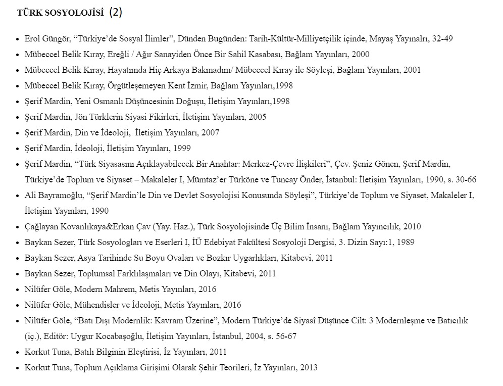  Türk Sosyolojisi Okuma Listesi:(Ayrıca bkz.  https://sosyoloji-edebiyat.istanbul.edu.tr/tr/content/sosyoloji-doktora-programi/yeterlilik-okuma-paketi)