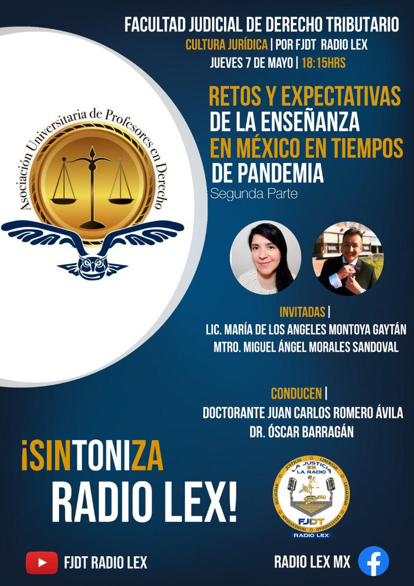 AsocProfeDer's tweet photo. Comunidad Jurídica:

Les invitamos a que acompañen a nuestros académicos en la discusión "Retos y expectativas de la enseñanza en México en tiempos de pandemia".

#PorLaRazónYelDerecho https://t.co/m3cXf4ZfOe