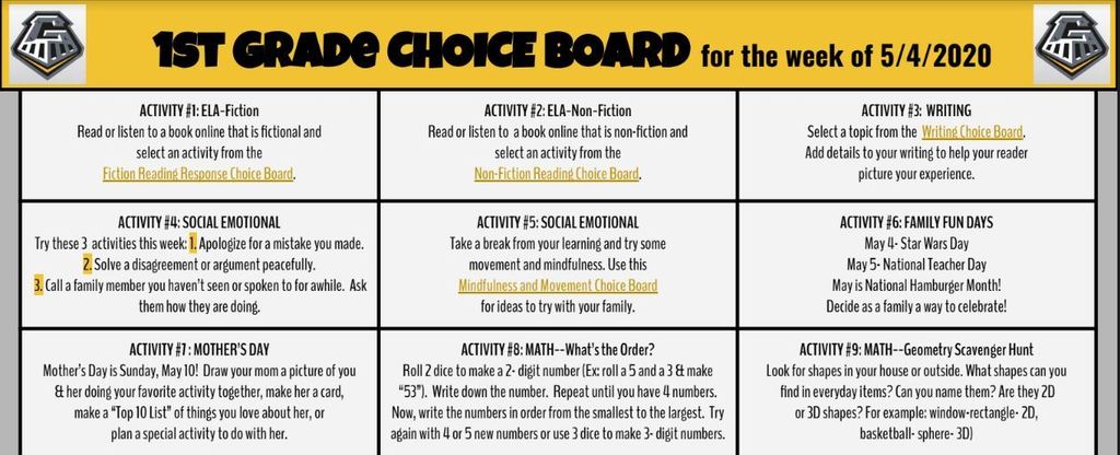 NielsonSchool's tweet photo. The weather decided it was time for a day indoors! Don't let the rain and clouds stop you from checking out all the grade level choice boards! Click the link, and share a picture with us when you complete an activity! https://t.co/IMl2kqXGRA https://t.co/DPecjsw8aE