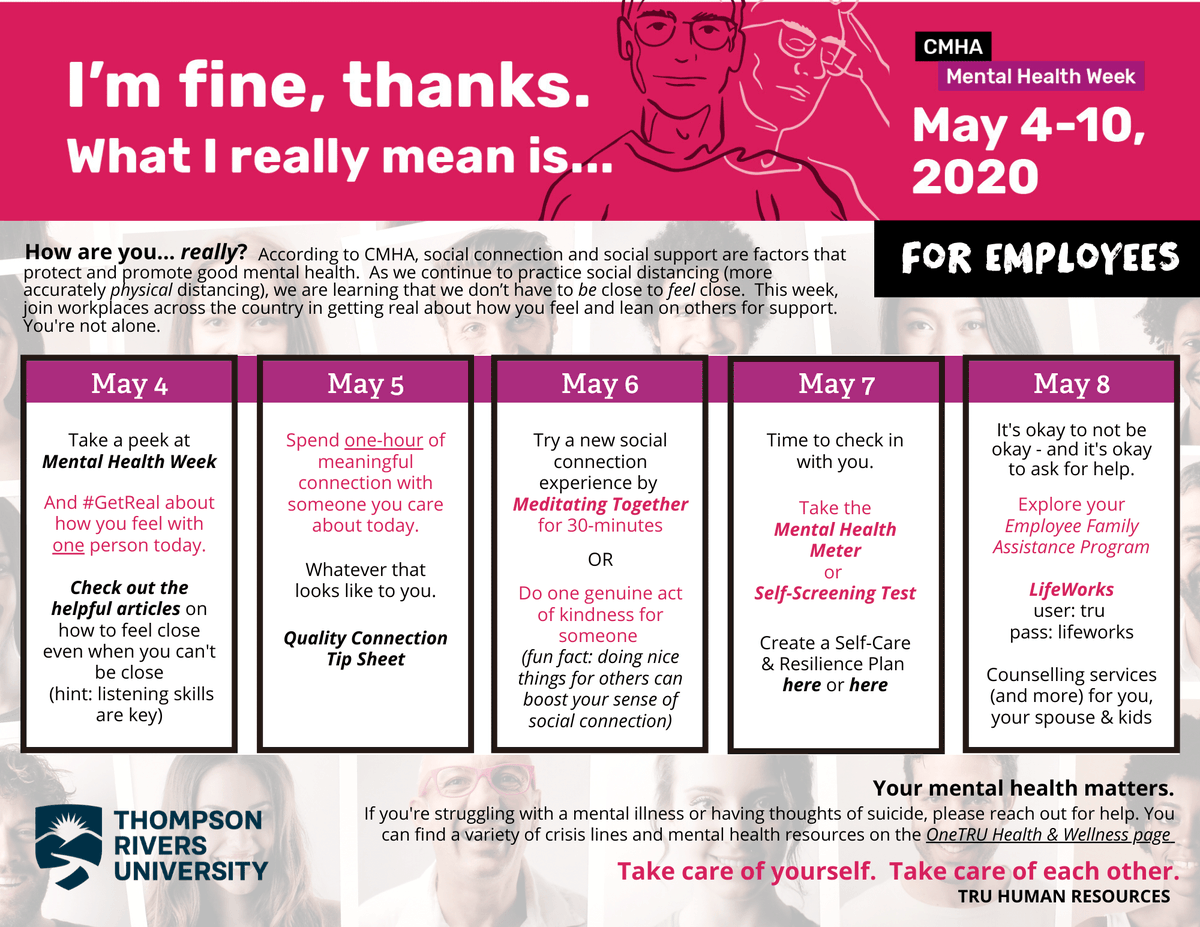 TRU_HR's tweet photo. Join in and get a copy of your Mental Health Week Calendar for TRU employees and managers. Take care of yourself. Take care of each other.  Reach out for support.

Your mental health matters. 

Access at https://t.co/ZZ1KQZDpFT > Human Resources > Health &amp; Wellness https://t.co/cJycVxQg6W