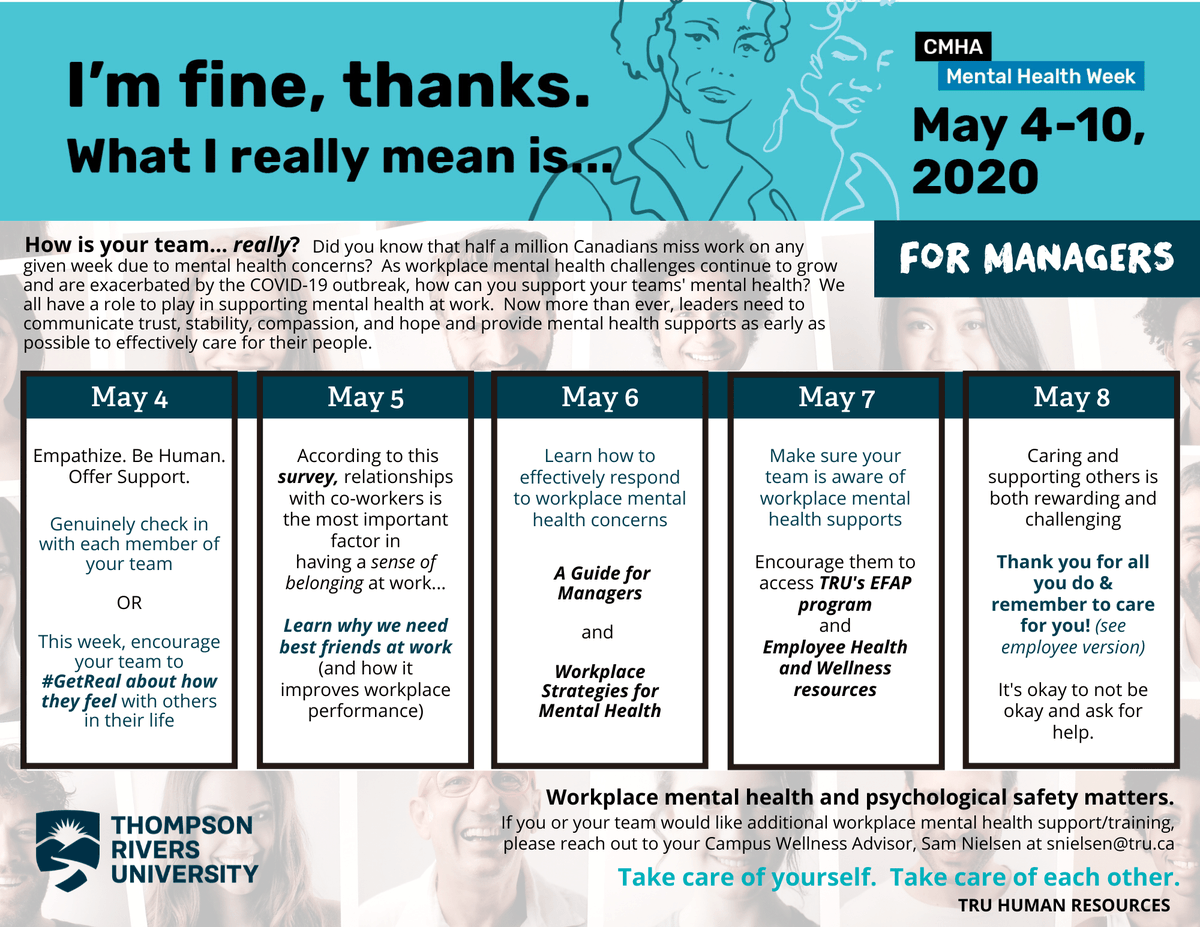 TRU_HR's tweet photo. Join in and get a copy of your Mental Health Week Calendar for TRU employees and managers. Take care of yourself. Take care of each other.  Reach out for support.

Your mental health matters. 

Access at https://t.co/ZZ1KQZDpFT > Human Resources > Health &amp; Wellness https://t.co/cJycVxQg6W