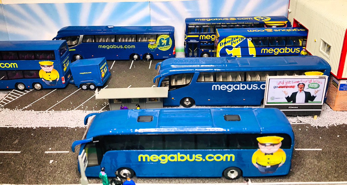 BusModelScot's tweet photo. This weeks featured pics are @megabusuk @megabus 
Part of the wider @stagecoachgroup #Megabus provide low cost intercity travel. 
Shown here are a mix of out the box #CMNL and #Code3 (hand/spray repainted) models shown on the #Belshotmuir Depot Diorama. https://t.co/8JVeTi9jQx