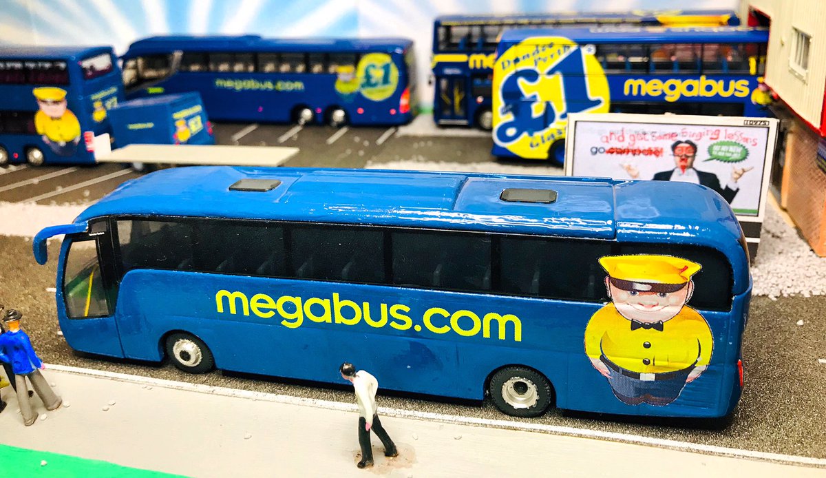 BusModelScot's tweet photo. This weeks featured pics are @megabusuk @megabus 
Part of the wider @stagecoachgroup #Megabus provide low cost intercity travel. 
Shown here are a mix of out the box #CMNL and #Code3 (hand/spray repainted) models shown on the #Belshotmuir Depot Diorama. https://t.co/8JVeTi9jQx