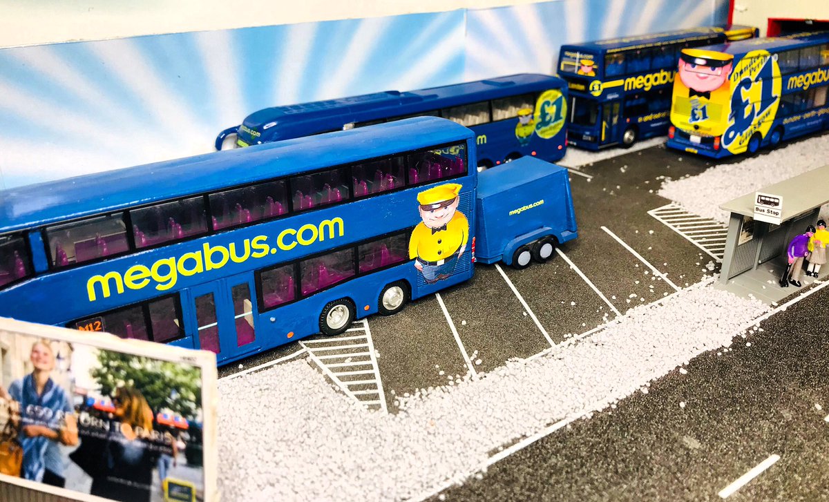 BusModelScot's tweet photo. This weeks featured pics are @megabusuk @megabus 
Part of the wider @stagecoachgroup #Megabus provide low cost intercity travel. 
Shown here are a mix of out the box #CMNL and #Code3 (hand/spray repainted) models shown on the #Belshotmuir Depot Diorama. https://t.co/8JVeTi9jQx