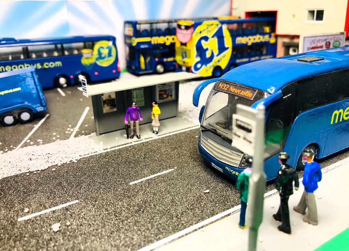 BusModelScot's tweet photo. This weeks featured pics are @megabusuk @megabus 
Part of the wider @stagecoachgroup #Megabus provide low cost intercity travel. 
Shown here are a mix of out the box #CMNL and #Code3 (hand/spray repainted) models shown on the #Belshotmuir Depot Diorama. https://t.co/8JVeTi9jQx