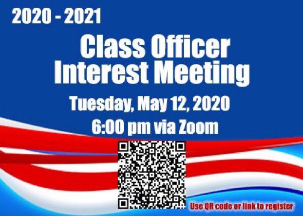 Hey Eagles!
Do you like planning and organizing? 
Do you have school AND class spirit? 
Do you wanna make a difference?...
Become a member of student leadership! 
Register for the 2020-2021 Class Officer Interest Meeting. 
Use the link or QR code.
Bit.ly/3diYbbt