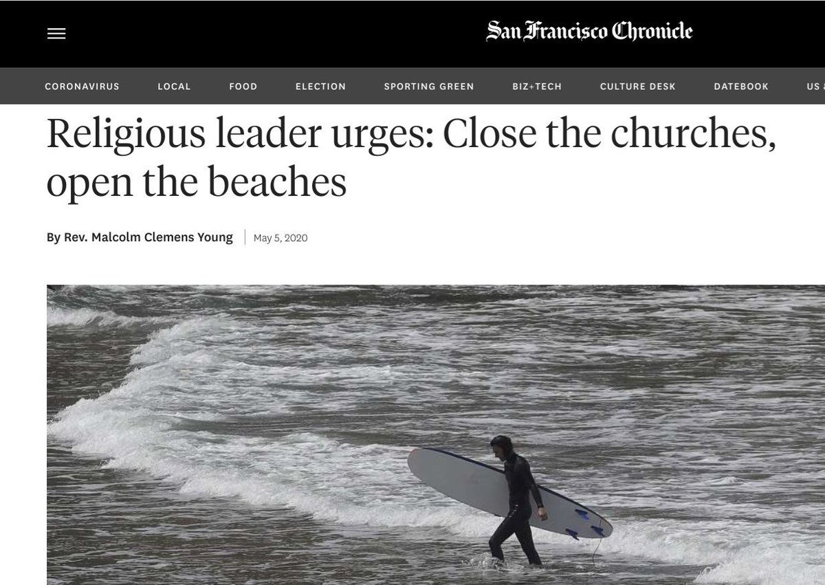 gracecathedral's tweet photo. "Close the Churches, Open the Beaches," urges Dean @MalcolmYoung in today's @sfchronicle. "Although... nature [is] not a substitute for worship...ocean and wildlands feed our soul during a time when we especially need this nourishment."  Read the op-ed at  https://t.co/FfgW9JPDzo https://t.co/VFS8I4P88b