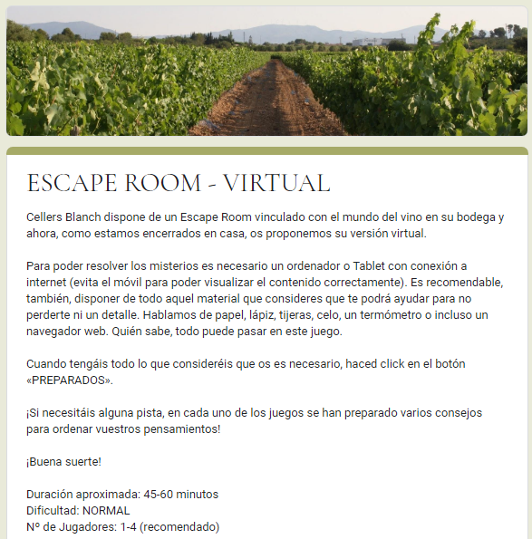 TeresaSaborit's tweet photo. Teniu ganes de jugar a un #escaperoom virtual? @CellersBlanch, un dels @cellersingulars de la @DOTarragona, us proposa un repte magnífic al voltant del món del vi. Jo ja l'he resolt! I vosaltres? 😊

https://t.co/ql5okr66vZ https://t.co/sh24osnXI9