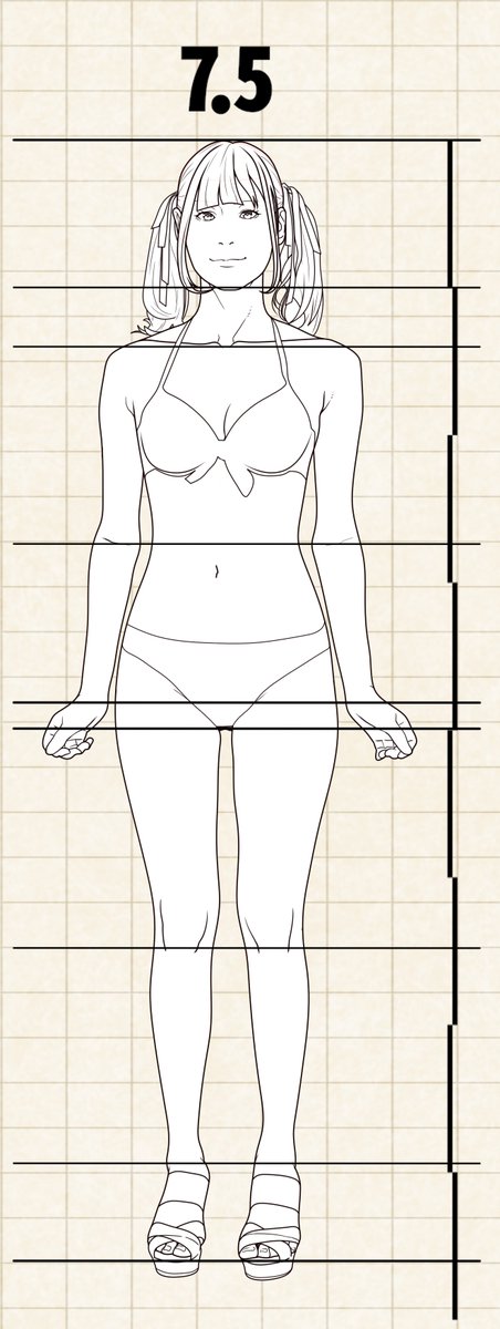 るちかさんと美術解剖学のバランスを比較するとほぼ同じなのが良くわかる。
だからリアルな人体の比率としてはこれで正しいはず。

明日以降パリコレモデルのバランスを比較検討してみよう。
多分パリコレモデルのバランスは二次元のバランスに近いと思う。 