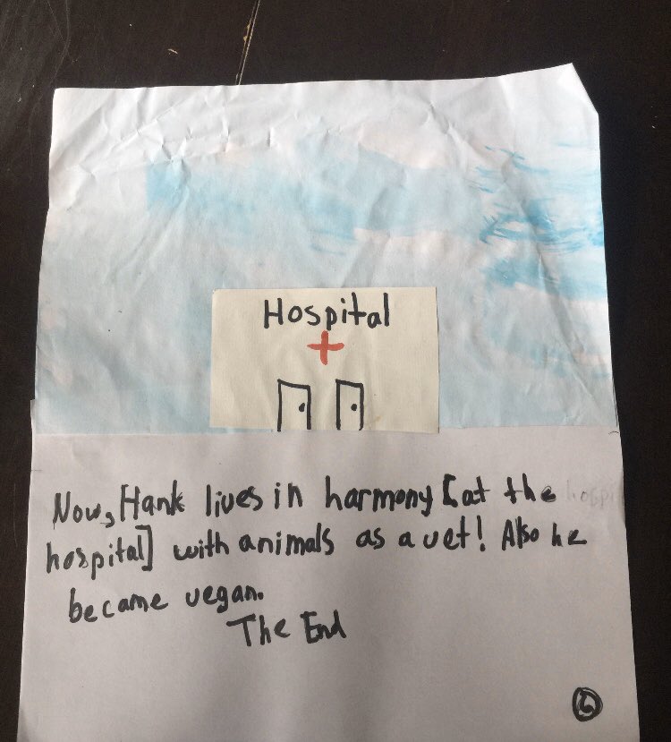 MrsKauk's tweet photo. ... A student sent me a story he wrote. Hank was a hunter, but with a lot of persuading, the animals were able to convince him to stop hunting and they made a peace treaty! This conclusion is pure gold! 🤓🌟#learningathome https://t.co/DhgZD8z36B