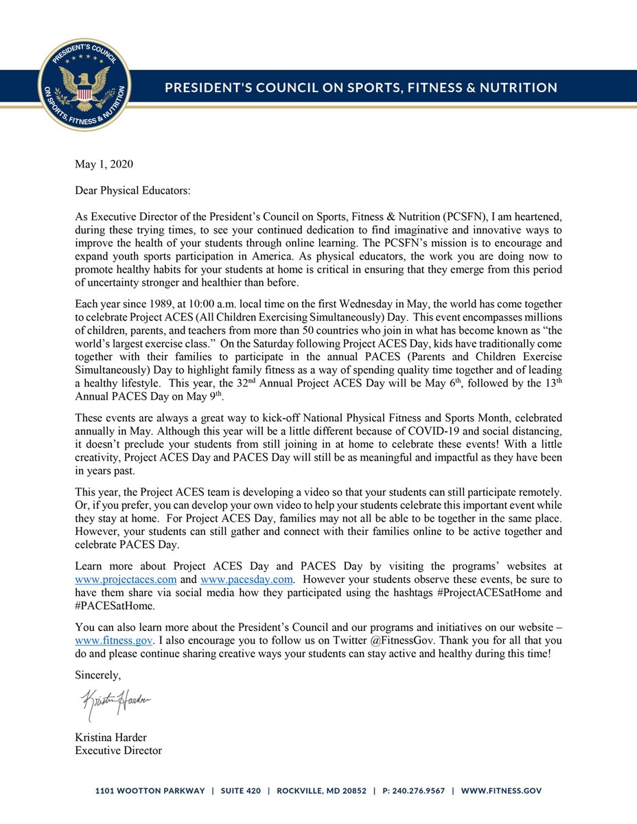 theYFCinc's tweet image. Thank you @FitnessGov esp. Joey King &amp;amp; Kristina Harder 4 your letter of support of #ProjectACESDay May 6 &amp;amp; #PACESday May 9 as part of National Physical Fitness &amp;amp; Sports Month.  bit.ly/35zWoMx
#ProjectACESatHome ProjectACES.com
#PACESatHome PACESday.com
