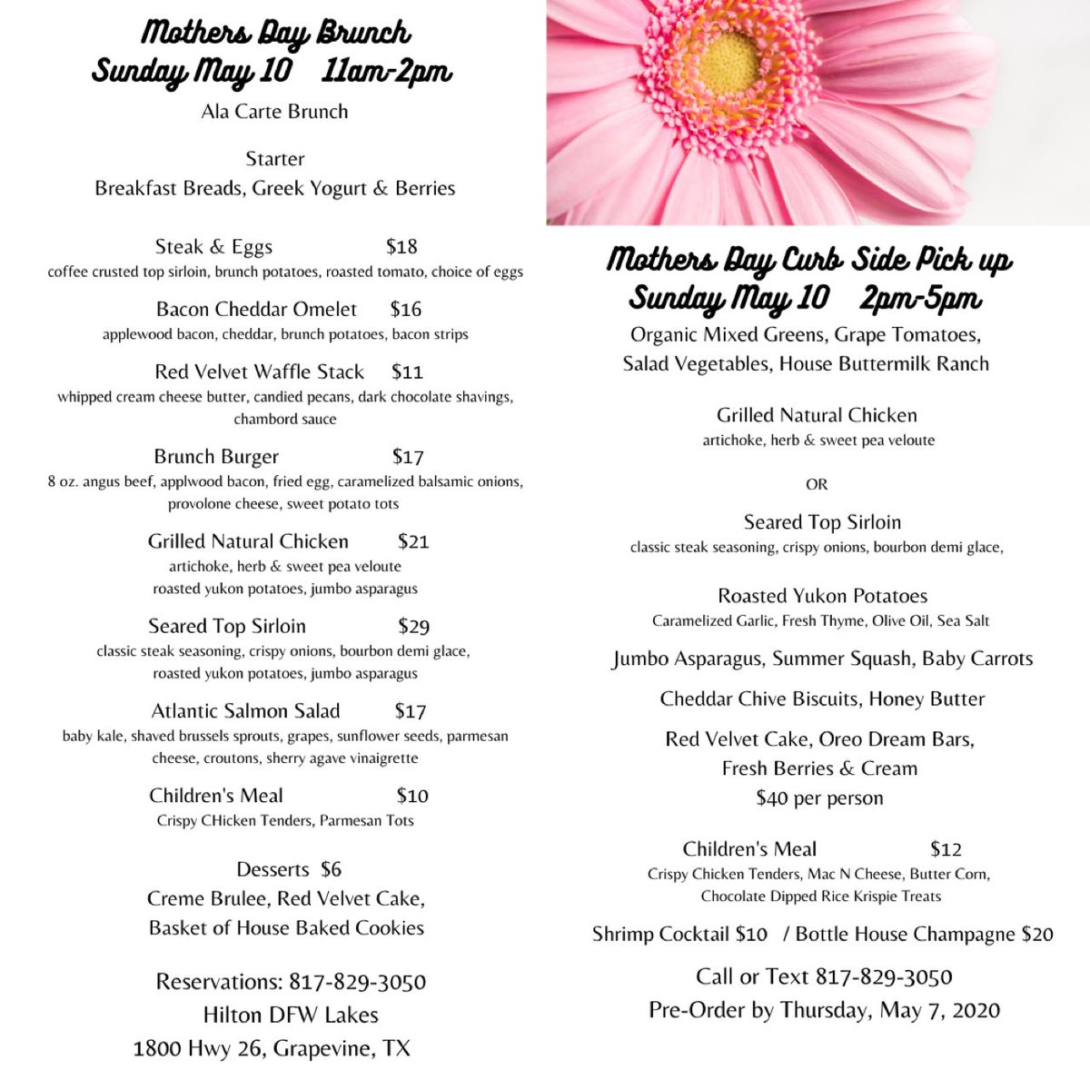 Reserve your spot for Mother's Day brunch or pre-order curbside pickup.  Accepting all reservations &amp; pre-orders up to 3 p.m. tomorrow.  Call or text 817-829-3050.
