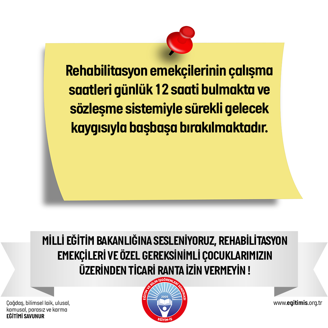 egitimis's tweet photo. Kamu kaynakları yoluyla birçoğu eğitimci bile olmayan kişilerin, özel gereksinimli çocukların hakkı, rehabilitasyon eğitimcilerinin emeği üzerinden sağladıkları kamusal ranta son verin.  #RehabilitasyonEmekçisiYalnızDeğildir @egitimis https://t.co/s1RtuIOlFJ