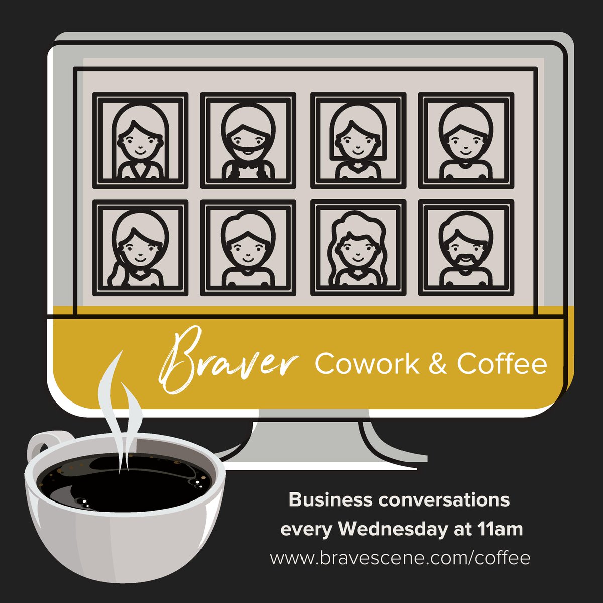 Coffee and Co-Work is back tomorrow at 11am!
Cowork &amp; Coffee is shaping into a wisdom sharing business clinic where members are testing out ideas sharing challenges and good ideas.

JOIN US ON TOMORROW AT 11AM!

bravescene.com/coffee