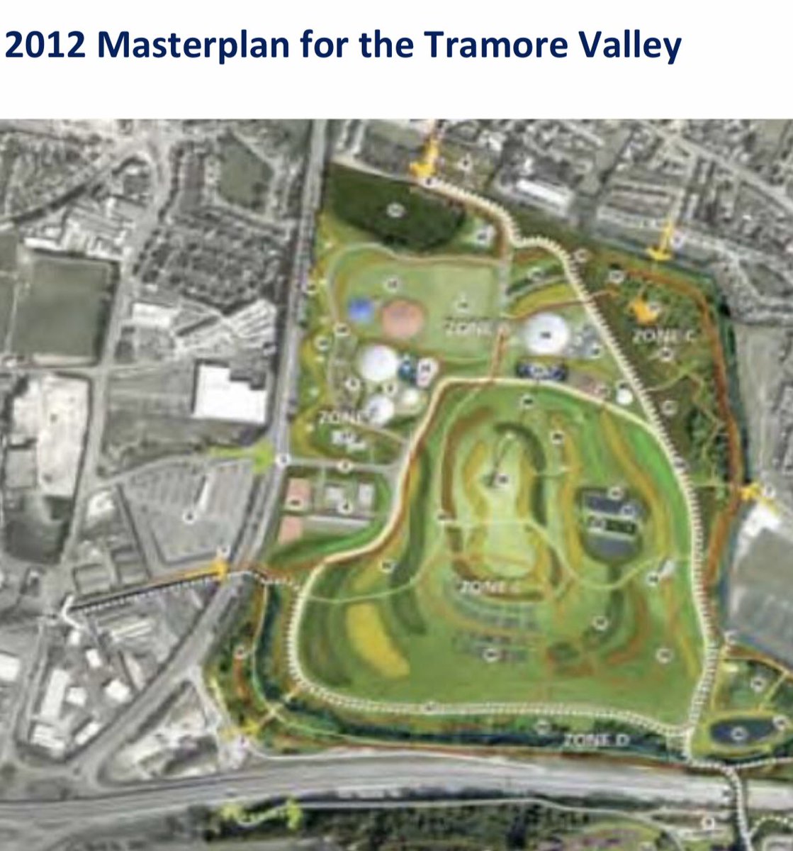 tomsull28's tweet photo. @irlchrism @sendboyle 2012 Masterplan clearly showing 3 entrances, half moon lane / cross douglas road/ nemo Rangers, - 2012, 8 years ago and still no entrances opened https://t.co/WN8K0DfHQQ